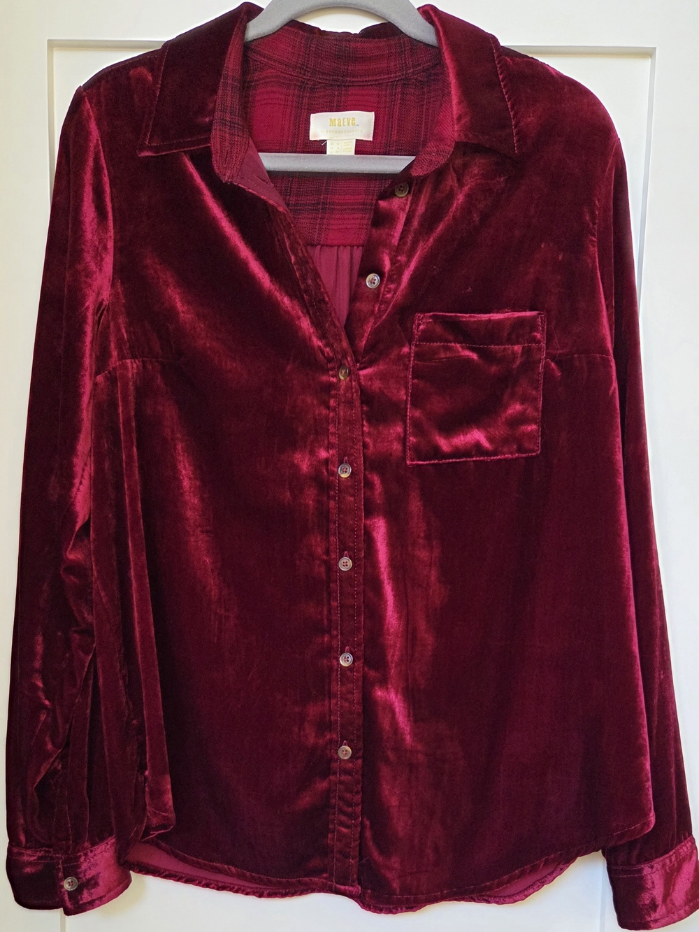 Maeve Velvet Button-Up Shirt in Burgundy Pink